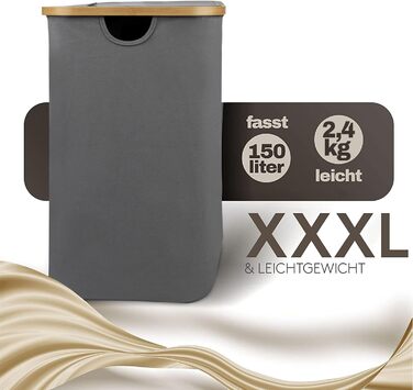 Кошик для білизни з 1 кришкою 2 відділення 150 л Бамбукова тканина Сірий Великий XXL - Кошик для білизни Сірий Темно-сірий Антраци