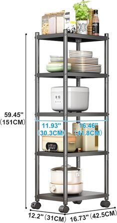 Окремостоячий стелаж SAYZH, 5 ярусів, міцна металева полиця, вузька кухонна полиця, полиця для зберігання з колесами та нековзними ніжками для гаража, кухні, офісу, бібліотеки, кутова, чорна, 5 ярусів