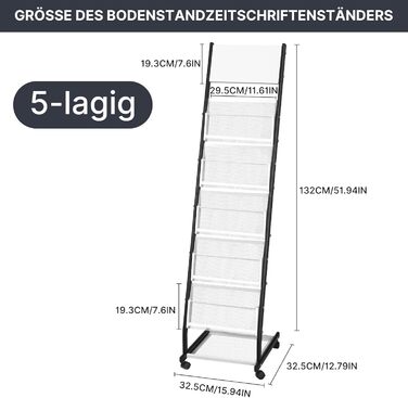 Шарова стійка для журналів SUNDOY з колесами підлогова підставка для брошур та каталогів, стійка для журналів на колесах для офісу, ярмарків та дому (ширина 32,5 см) 5-шарова, ширина 32,5 см, 5-