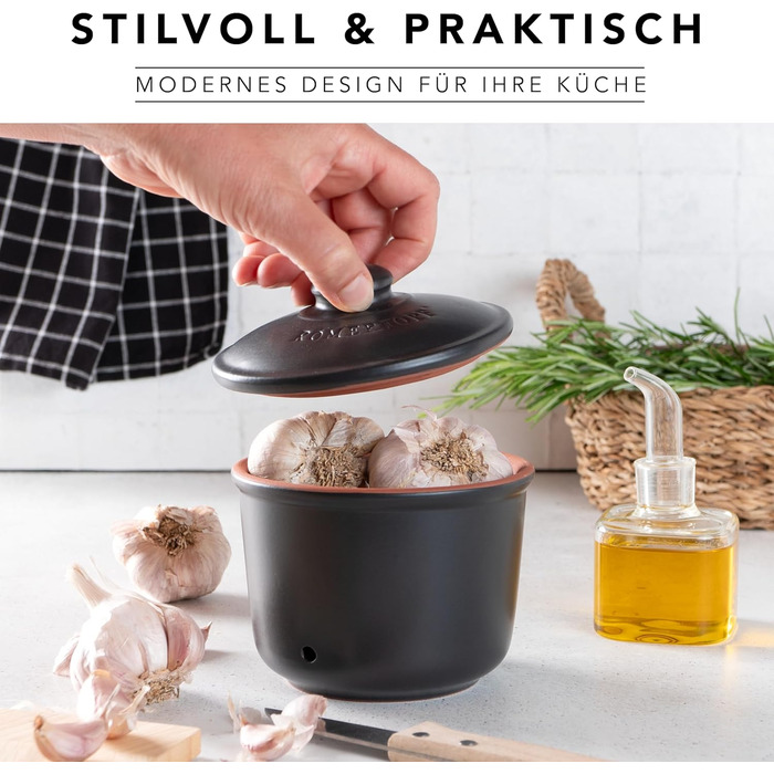 Літра - Керамічний горщик для часнику - Дихаюча глина довше зберігає овочі свіжими - Ідеальна циркуляція повітря - Чорний, 0,6