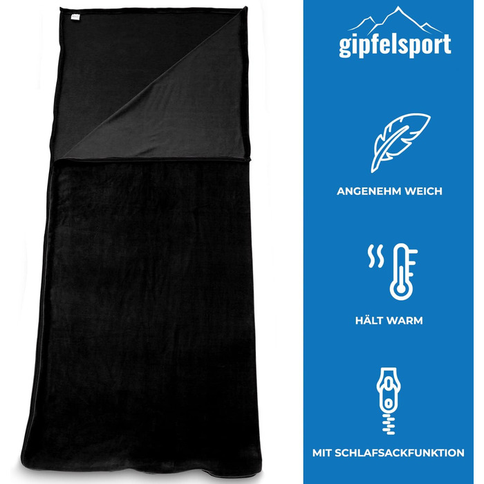 Ковдра з мікрофібри флісу Gipfelsport з функцією спального мішка Розмір 185 x 150 см, приблизно 690 г Ковдра з мікрофібри для кемпінгу, спальний мішок Легка, маленька, прямокутна, чорна