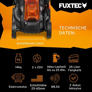 Акумуляторна газонокосарка Fuxtec 40В (2х20В) E1RM20 вкл. літій-іонний акумулятор 2Ач та подвійний зарядний пристрій - ширина зрізу 33 см, змінна висота зрізу 40В (2х20В) газонокосарка вкл. акумулятор та зарядний пристрій