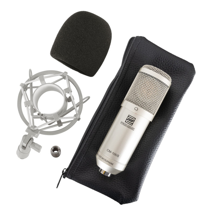 Студійний конденсаторний мікрофон Pronomic CM-100S з великою діафрагмою, XLR (з павуком, чохлом, вітрозахистом, перехідником), сріблястий