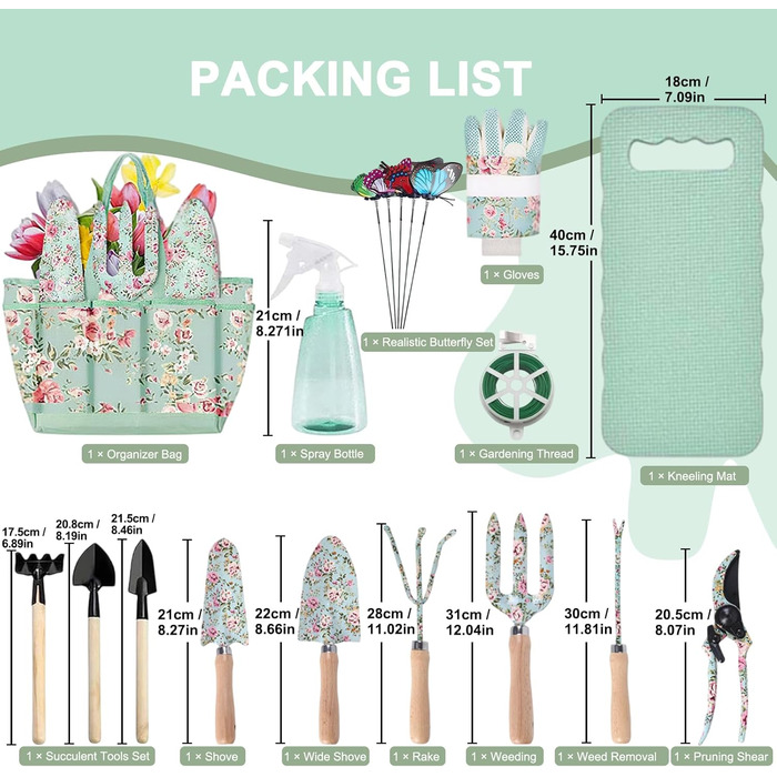 Набір садових інструментів Gartenwerkzeug, 19 предметів, з сумкою для перенесення лопата, граблі, секатор. Якісний подарунок для жінок та садівників, аксесуари для догляду за садом.