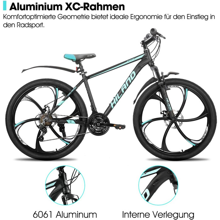 Гірський велосипед для дорослих HILAND 26 дюймів, колеса 3/6 спиць, 18 швидкостей, чоловічий та жіночий гірський велосипед з подвійними дисковими гальмами, велосипед з алюмінієвою рамою 26 дюймів для гірських велосипедів, синій - 6 спиць