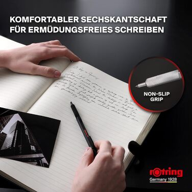 Гелева ручка rOtring 600 0,55 мм Чорне чорнило Пишучий інструмент сріблястого кольору з металевим корпусом Нековзка зона захоплення з насічкою та шестигранний корпус Змінний гель сріблястого кольору