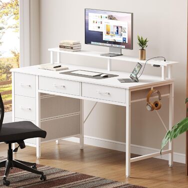 Письмовий стіл Rolanstar з 5 шухлядами, комп&39ютерний стіл з розетками, ігровий стіл зі світлодіодним освітленням, підставка для монітора, для домашнього офісу, спальні, вітальні, офісу (білий, 120 см)