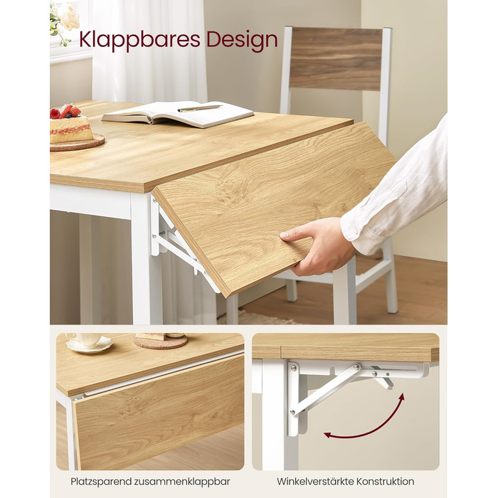 Обідній стіл VASAGLE, розкладний кухонний стіл для 2-4 осіб, для невеликих приміщень, натуральний дуб-хмарно-білий KDT077Y01 Натуральний дуб хмарно-білий Стільці не входять до комплекту