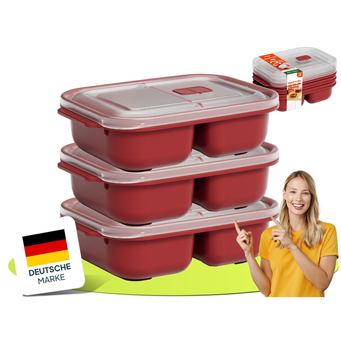 Контейнери для зберігання продуктів uandu з кришками, 2 відділення, набір з 3 предметів для мікрохвильової печі, герметичні контейнери для зберігання продуктів, коробки для приготування їжі, пластикові коробки без BPA з кришками, червоні, 3 x 1200 мл