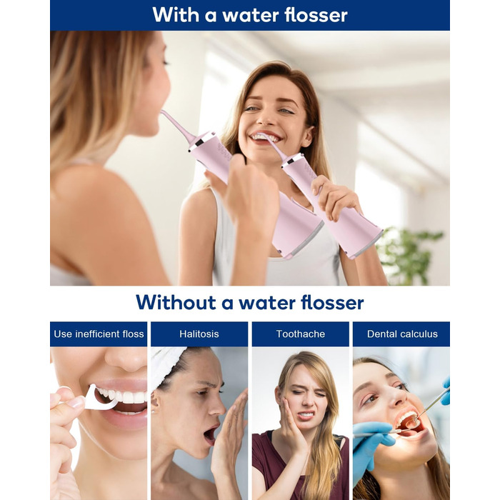 Бездротовий іригатор для порожнини рота MySmile Water Floss для зубів 5 режимів чищення 8 змінних насадок Jet Tips IPX 7 Водонепроникні USB-акумуляторні водяні зубочистки для чищення зубів з PU мішком Pink Pink-a