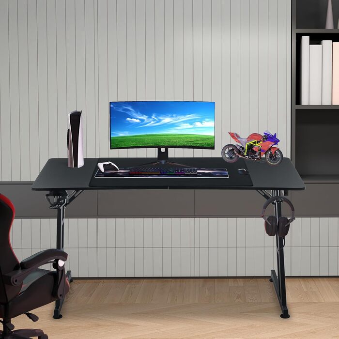 Ігровий стіл 140 x 60 см, Z-подібна рама, комп&39ютерний стіл з вуглецевим волокном, ергономічний ПК-стіл з гачком для навушників та підставкою для склянок, чорний 140 x 60 см, чорний, без RGB-підсвічування