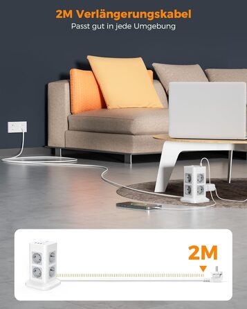 Місна розетка з USB C, захист від перенапруги з 3 USB і 1 USB C, розетка з вимикачем, подовжувач 2M для дому, 3600 Вт 2 метри, 8-