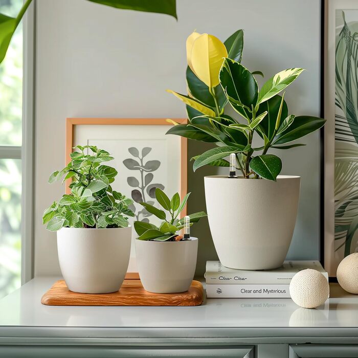 Квітковий горщик із самополивом 18 см з індикатором води, набір з 4 білих квіткових горщиків, самополивний кашпо з резервуаром для води для використання в приміщенні та на вулиці, білий, 18,5*16 см, 4U