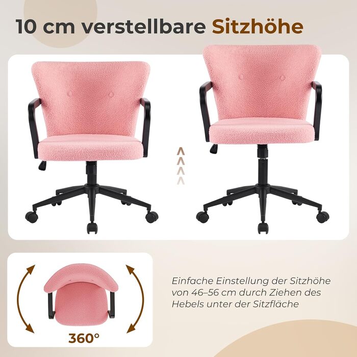 Крісло для офісу з регульованою висотою, ергономічне офісне крісло з високою спинкою та підлокітниками, обертове крісло з крилами спинки, крісло для туалетного столика, крісло для туалетного столика з колесами, рожева тканина шерпа