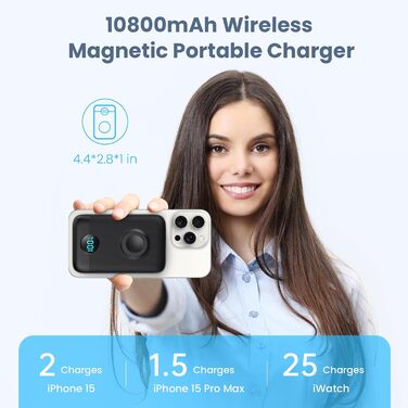 Магнітний Power Bank 10800mAh для MagSafe, 4-в-1, QC4.0 PD 22.5W USB-C швидка зарядка,  зі світлодіодним дисплеєм , чорний