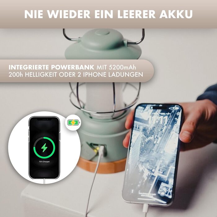 Акумуляторний кемпінговий ліхтар NATURBUMMLER із зарядним пристроєм LUX Secure, водонепроникний за стандартом IPX4 та з регульованою яскравістю акумулятор 5200 мАг із 200 годинами світла для затишних вечорів світлодіодний ліхтар для намету та кемпінгу на 