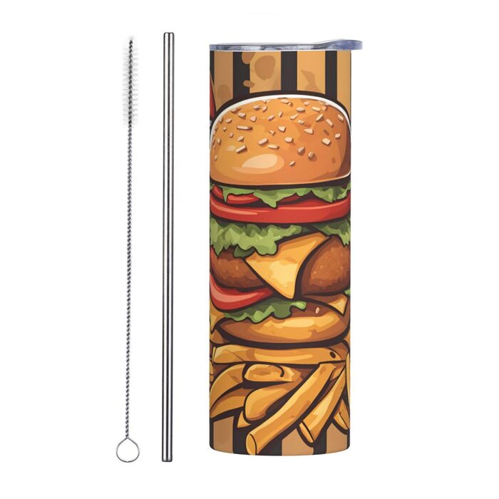 Кухоль з прямою трубочкою, мультяшний дизайн, великі бургери, принт, дорожній кухоль, підходить для кемпінгу, офісу та дому, 590 мл
