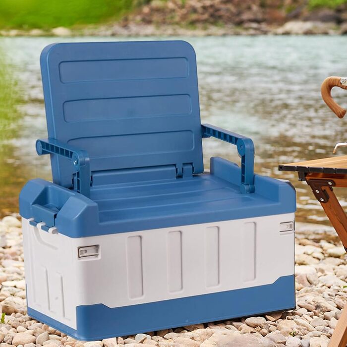 Ящик для рибальських снастей з аксесуарами, рибальське крісло, ящик для снастей, органайзер для зберігання на відкритому повітрі, портативний та складаний - 3-в-1 автомобільний рибальський ящик, велика місткість, двошарові аксесуари, синій та білий