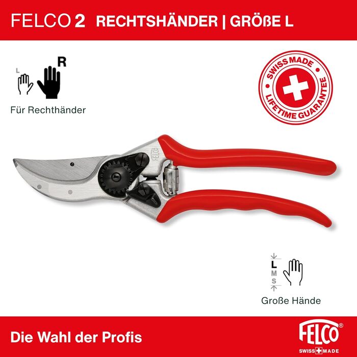 Професійні садові ножиці FELCO 2 з двостороннім механізмом для правшів, лезо із загартованої сталі 41 мм, ковані алюмінієві ручки, міцний інструмент для середніх та великих рук, ріжуча здатність 25 мм, зроблені у Швейцарії, FELCO 2 Large Hands (L)