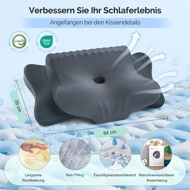 Подушка для шиї, подушка з піни з ефектом пам&39яті, ергономічна подушка, подушка для підтримки шиї для сну на боці, спині та животі, темно-сіра, 64 x 39 x 13 см