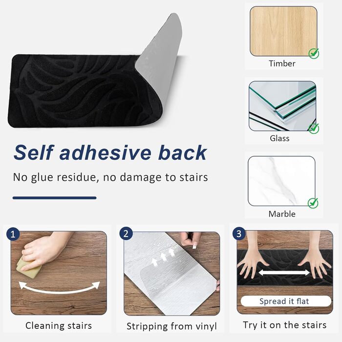 Сходинки для сходів, 15 шт. , протиковзкі, самоклеючі, 55x19 см, багаторазові, ріжучі, захист для сходів у приміщенні для домашніх тварин та дітей - чорні