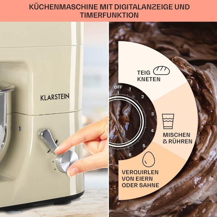 Кухонний комбайн Klarstein з м'ясорубкою, тістомісильна машина потужністю 1800 Вт маленька, 6 рівнів, вінчик для перемішування та гачок для тіста, планетарна мішалка, змішувальна машина з міксером Classic Cream