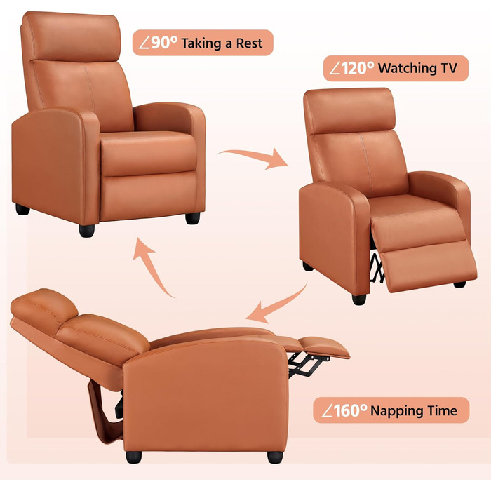 Крісло-реклайнер Yaheetech Recliner для телевізора з функцією відкидання, м&39яке крісло зі штучної шкіри, регульоване одномісне крісло-реклайнер для вітальні, спальні, домашнього кінотеатру, помаранчевої штучної шкіри