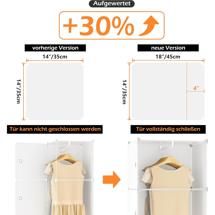 Шафа HOMIDEC, Портативна система полиць, Пластикова шафа на 20 кубів з 2 рейками для одягу, Шафа для спальні, Біла, 180 x 142 x 45 см, 20 кубів, Повністю біла