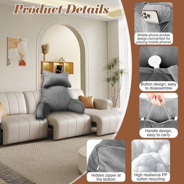 Подушка для читання, подушка для спини зі знімним валиком для шиї та підлокітниками, подушка для відпочинку на ліжку для використання в ліжку або на дивані, подушка для спини для читання, роботи та ігор