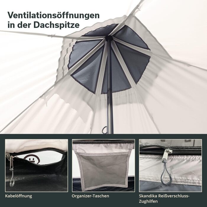 Намет Skandika Tipi Намет на 4-6 осіб, висота стояння 2-3 м, вшитий підлоговий настил, водяний стовп 3000 мм, UV 50, фестивальний намет, вігвам, сімейний намет Для активного відпочинку, кемпінгу, глемпінгу 335 290 см бежевий/сірий