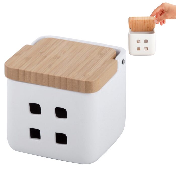 Банка для часнику - Керамічна з бамбуковою кришкою - Зберігання часнику з вентиляційними отворами для оптимального збереження - Часниковий горщик 11,5 x 11,5 x 11,5 см (Білий) Банка для часнику Білий