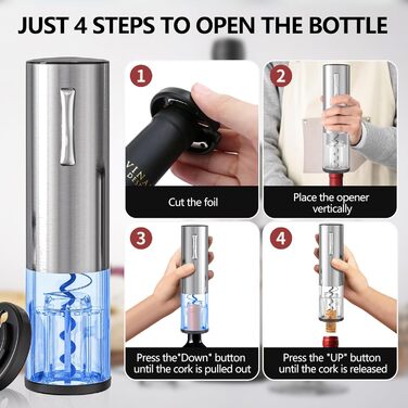 Електричний набір відкривачок для винних пляшок BGFOX акумуляторна з нержавіючої сталі, автоматичний електричний штопор 4 в 1, автоматичний електричний аератор для вина, різак для фольги та вакуумна пробка, подарунки для любителів вина