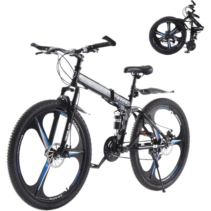 Дюймовий складний гірський велосипед, 21-швидкісна коробка передач Shimano, гірський велосипед з подвійною підвіскою, легка рама, гірський велосипед для чоловіків та жінок, складний спортивний велосипед для дорослих, чорно-синій, 27,5-
