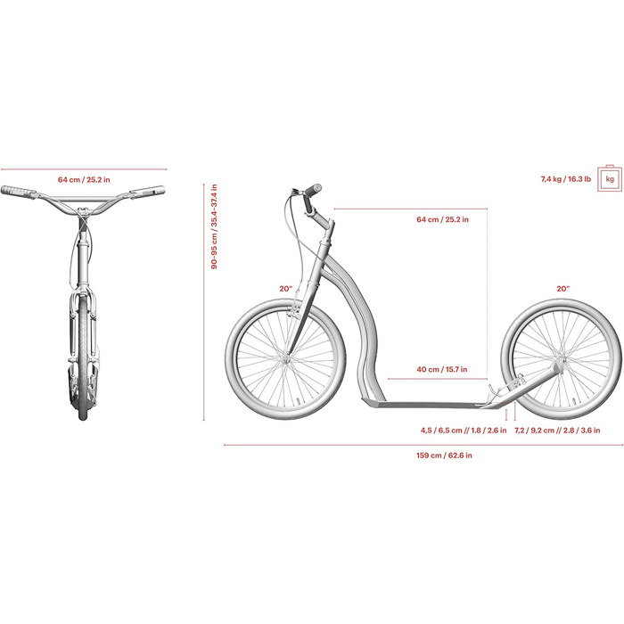 Самокат Yedoo Dragstr - до 150 кг, самокат з пневматичними шинами 20/20 - самокат для дорослих з алюмінієвого сплаву з регульовани
