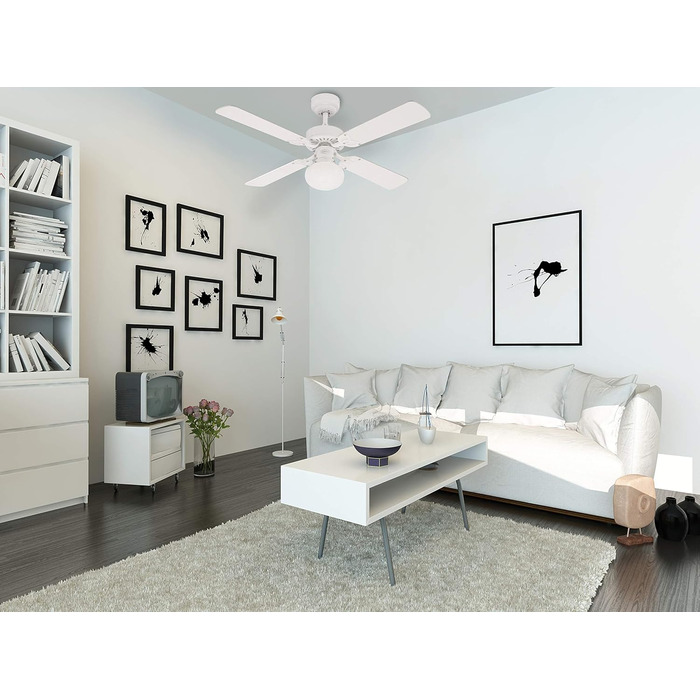 Стельовий вентилятор з підсвічуванням, A до E, металевий, 60 Вт, E27, білий, 105 x 105 x 44,2 см Версія в білому кольорі з реверси