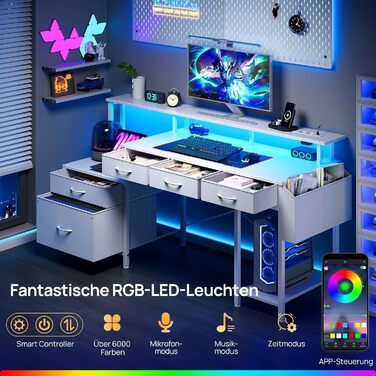 Письмовий стіл Rolanstar з розеткою, комп&39ютерний стіл з 5 шухлядами, світлодіодним освітленням, сумкою для зберігання та підставкою для монітора, сучасний кутовий стіл для домашнього офісу та ігор (білий)