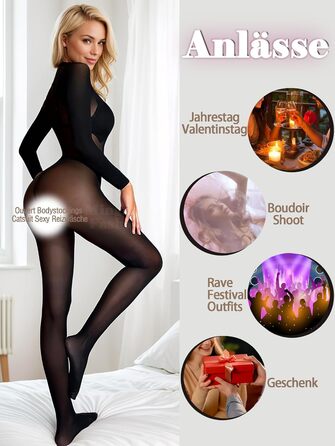 Сексуальний бодістокінг Mingnos для жінок, з відкритою інтимною зоною та довгим рукавом, чорний, універсальний розмір