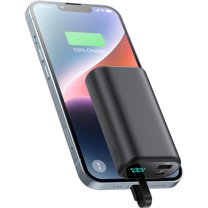 Для iPhone 10800mAh з вбудованим кабелем, швидка зарядка PD 3.0A, LCD дисплей, зовнішній акумулятор, сумісний з iPhone 14 Pro Max/14/13/13 Pro/12/11/XS/XR/X/8 Plus/SE та ін. A-чорний