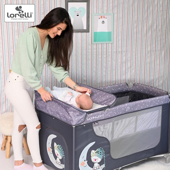 Дитяче ліжечко та манеж Lorelli 3-в-1, Moonlight 2 рівні, бічний вхід, ліжечко з народження, дитяче ліжечко для подорожей, пеленальний килимок, колеса, сумка, сірий/світло-сірий