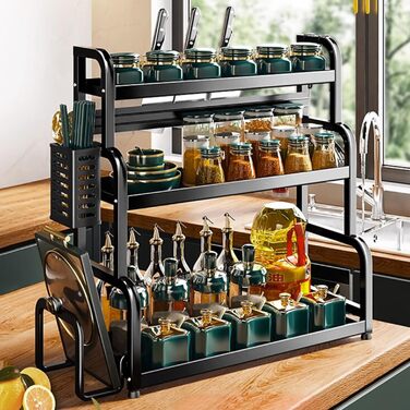 Постійна полиця для спецій з 3 ярусами, підставка для спецій з нержавіючої сталі, органайзер для спецій великої місткості, чорна кухонна полиця, для зберігання на кухонній стільниці, 3 яруси, стояча, чорний колір