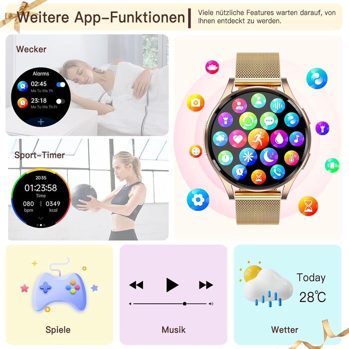 Жіночий смарт-годинник з ЕКГВСР/годинником заряду батареї/тиском батареї/ІМТ/сечовою кислотою, круглий 1,43-дюймовий AMOLED годинник для здоров&39я з функцією телефону, 24-годинний монітор серцевого ритму, монітор сну, фітнес-трекер менструального циклу, 