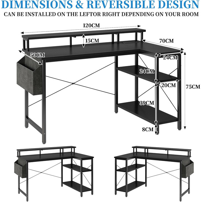 Г-подібний стіл Grandder зі світлодіодним освітленням та розетками, ігровий стіл 120 см з 2 полицями, комп&39ютерний стіл з підставкою для монітора, робоча станція для домашнього офісу, карбоново-чорний колір 120 x 70 см, чорний колір, імітація карбону
