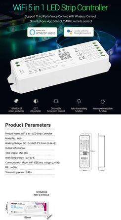 Світлодіодна стрічка LGIDTECH WL5 Miboxer, контролер 5-в-1 для 5050 3528 2835, керування додатком на смартфоні без додаткового концентратора. Голосове керування Storeo Alexa Google Home Assistant, постійний струм 12-24 В, 180-360 Вт