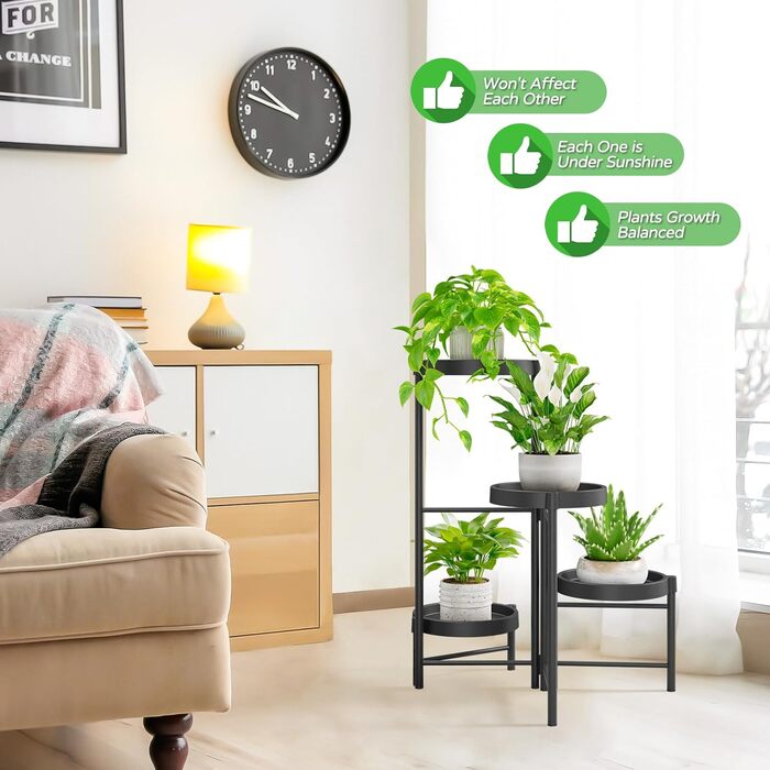 Підставка для рослин, металева підставка для квіткових горщиків з 4 ярусами, багаторівнева полиця для рослин, стійка для квітів, драбина для рослин для кута кімнати, вітальні, балкону, тераси, двору (4-ярусна, чорна)