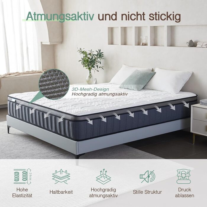 Матрац SZsuilong 180x200 H3 Висота 25 см 7-зонний пружинний матрац із сертифікованим Oeko-Tex ортопедичним пружинним блоком кишенькової конструкції з піною H3/середньої жорсткості 180x200x25 см