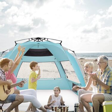 Пляжний намет Oileus XXL, сонцезахисний намет для 5-6 осіб, портативний сонцезахисний намет, миттєвий розкладний пляжний намет з сумкою для перенесення, кілочками, 6 мішками з піском, захист від ультрафіолету для риболовлі, походів, кемпінгу, небесно-блак