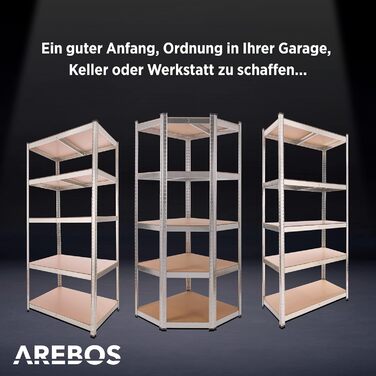 Міцний стелаж Arebos 200x90x45 см Вантажопідйомність 1000 кг 5 полиць з МДФ Легке складання за допомогою вставної системи, без потреби в гвинтах Стелаж, стелаж для зберігання, стелаж для підвалу, вставний стелаж, стелаж для майстерні Оцинкований