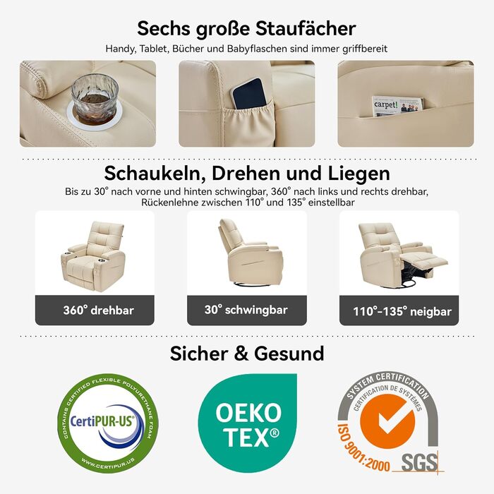 Крісло-гойдалка AIRSKY, крісло-гойдалка, крісло для телевізора зі справжньої шкіри з функцією відкидання, крісло для кінотеатру, крісло для літніх людей, крісло для телевізора з функцією сну, ручне регулювання, крісло-гойдалка, крісло-гойдалка, вітальня, 