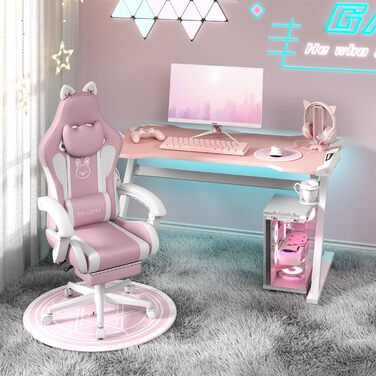 Ігрове крісло bigzzia з функцією масажу та підставкою для ніг ергономічне ігрове крісло для дівчат та дорослих, ігрове крісло з опорою для голови та попереку та котячими вушками (рожево-біле)