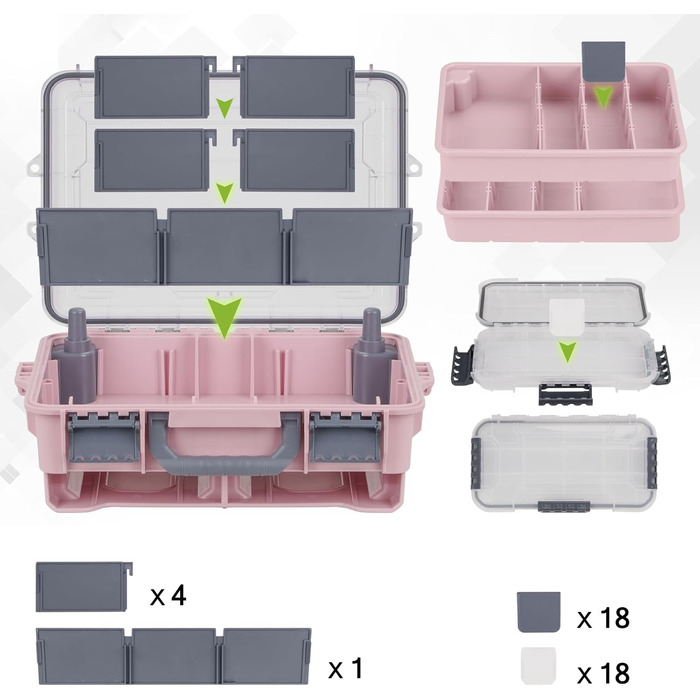 Водонепроникний ящик для рибальських снастей THKFISH, ящик для приманок, ящик для рибальських інструментів, портативний ящик для снастей з двома ящиками для безприманного транспорту 3500 та знімними роздільниками, ящик для рибальських снастей рожевого/син